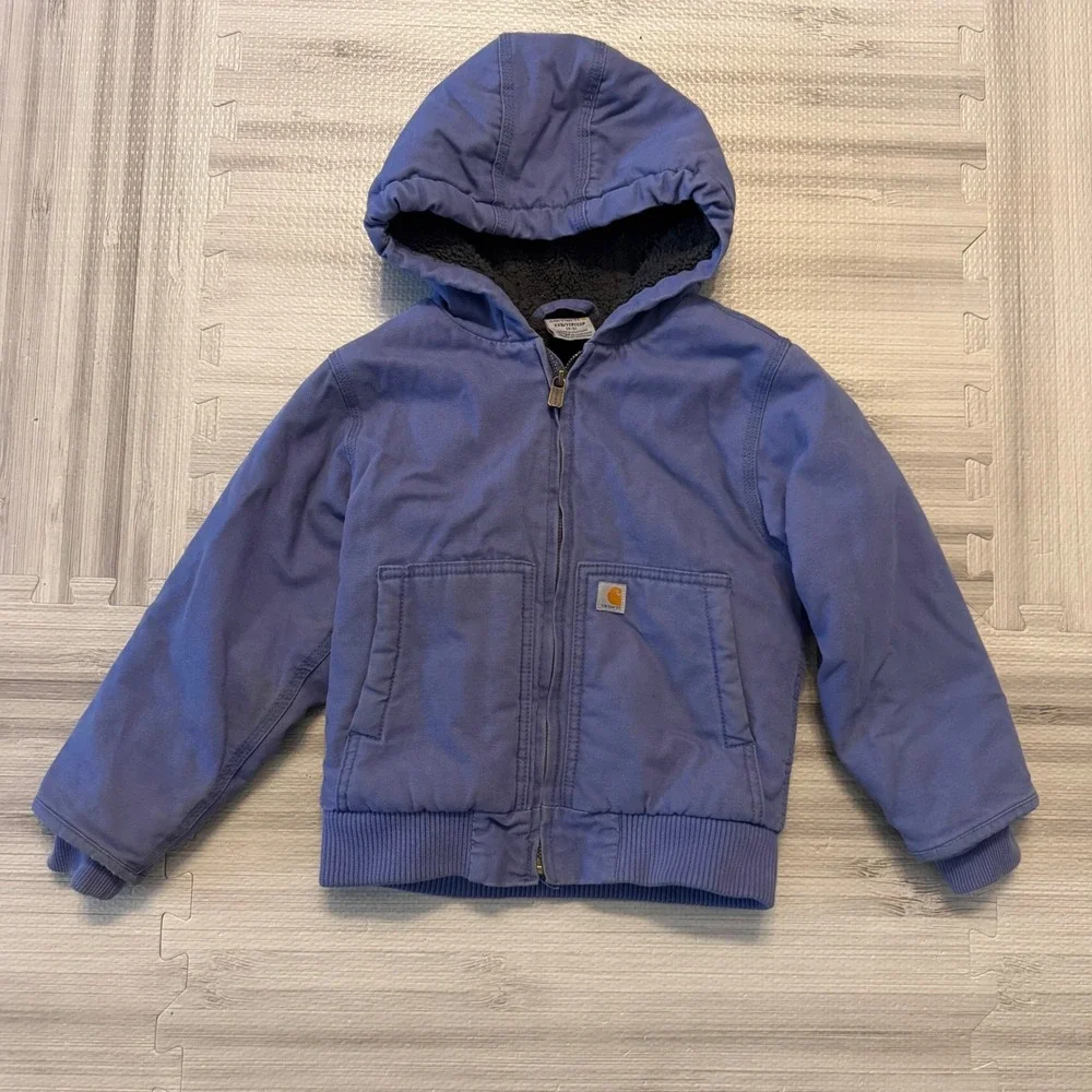 Carhartt Active Jacket Kids XXS 4-5 Blue Sherpa Lined Duck Canvas Hooded Coat